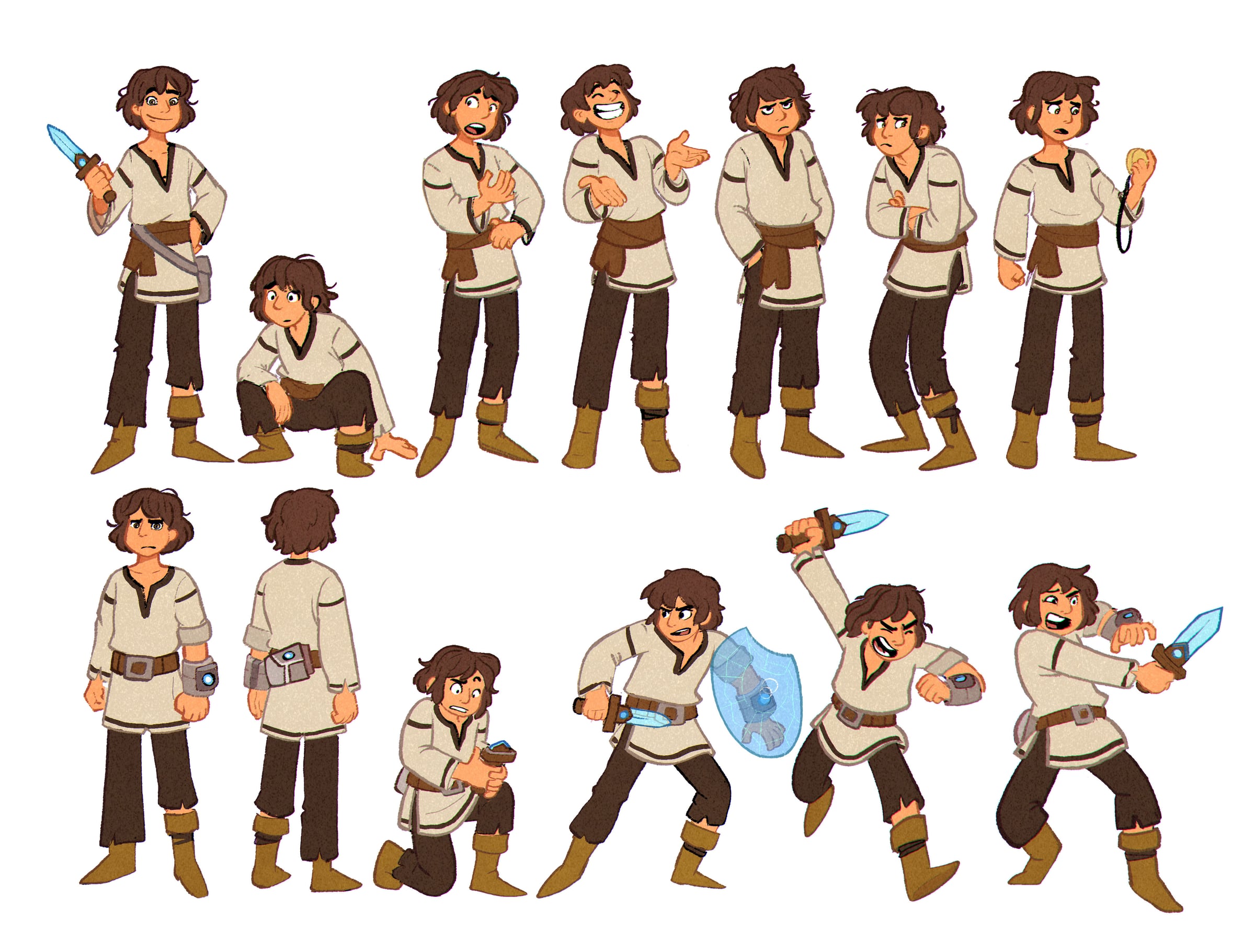 Pose sheet: one character in fifteen poses, from a crouch to a sword swing, with front and back views