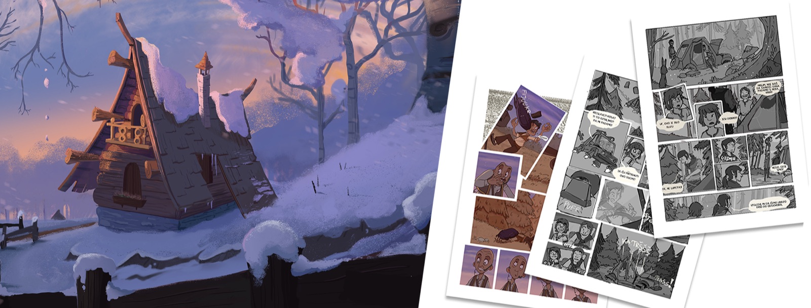 Comic cover painting beside grey and colour pages