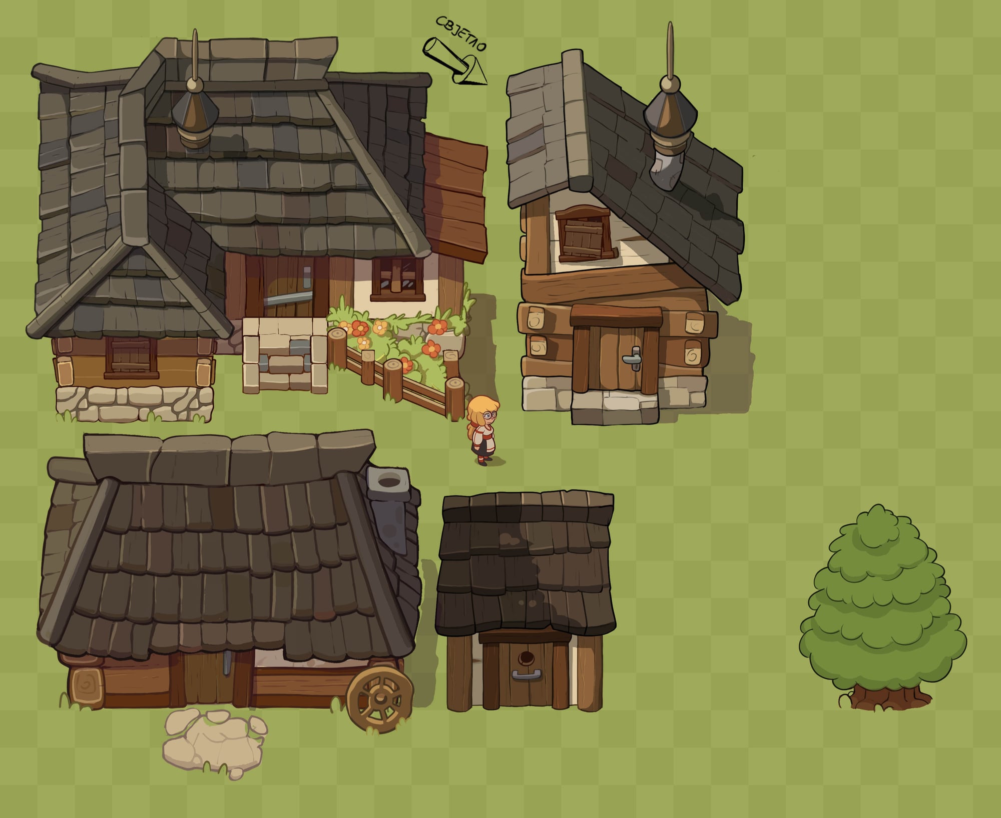 Early game assets: log houses, a garden, a cart wheel and a pine, with a villager for scale, all in top-down view