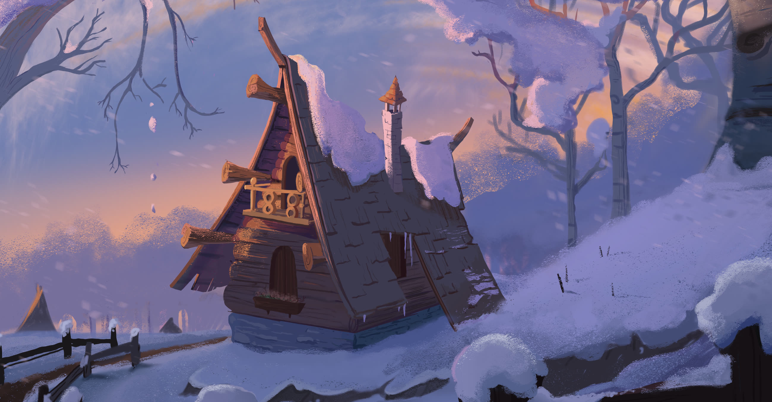 A painted winter scene: a steep wooden house with carved balconies in deep snow at dusk
