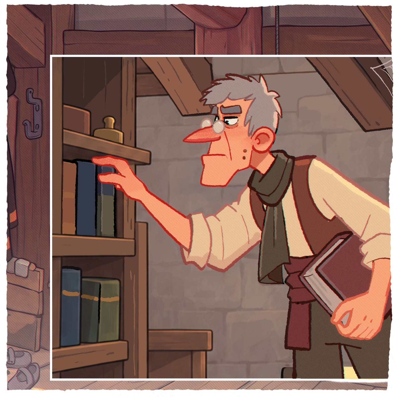 An old librarian reaching for a book, in flat colour with simple shadows