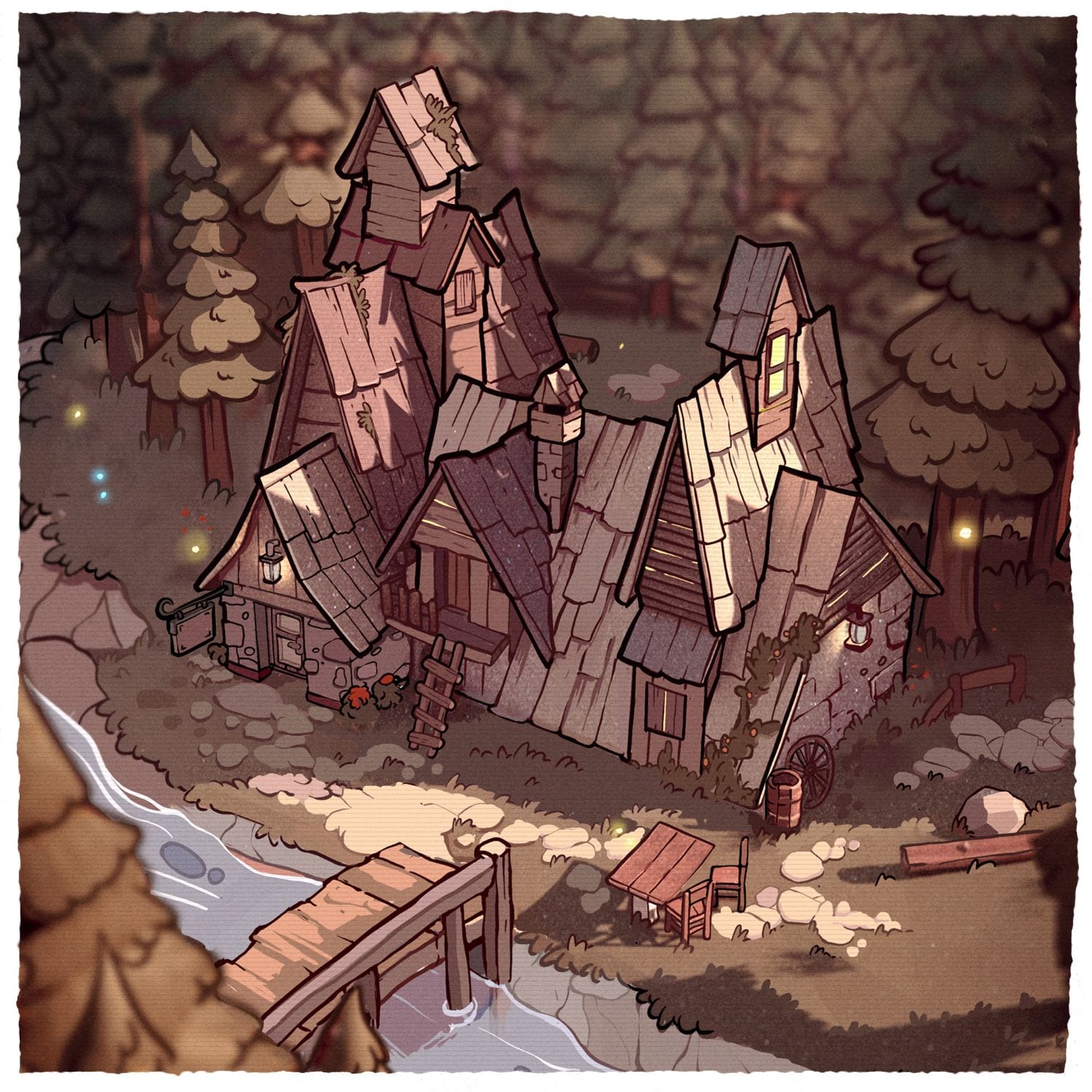 A crooked wooden house by a stream at dusk, windows lit