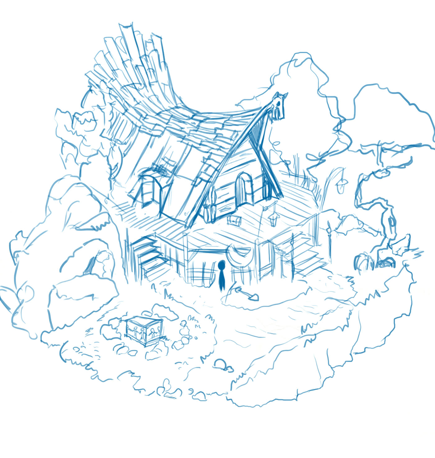 Blue line sketch of a crooked house with a porch on a rocky island