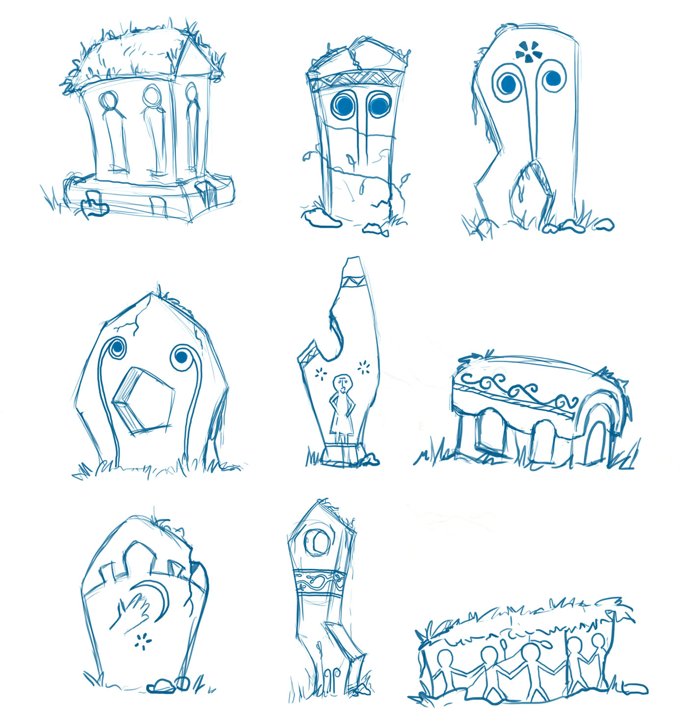 Blue line sketches of carved standing stones with spirals, faces and figures holding hands