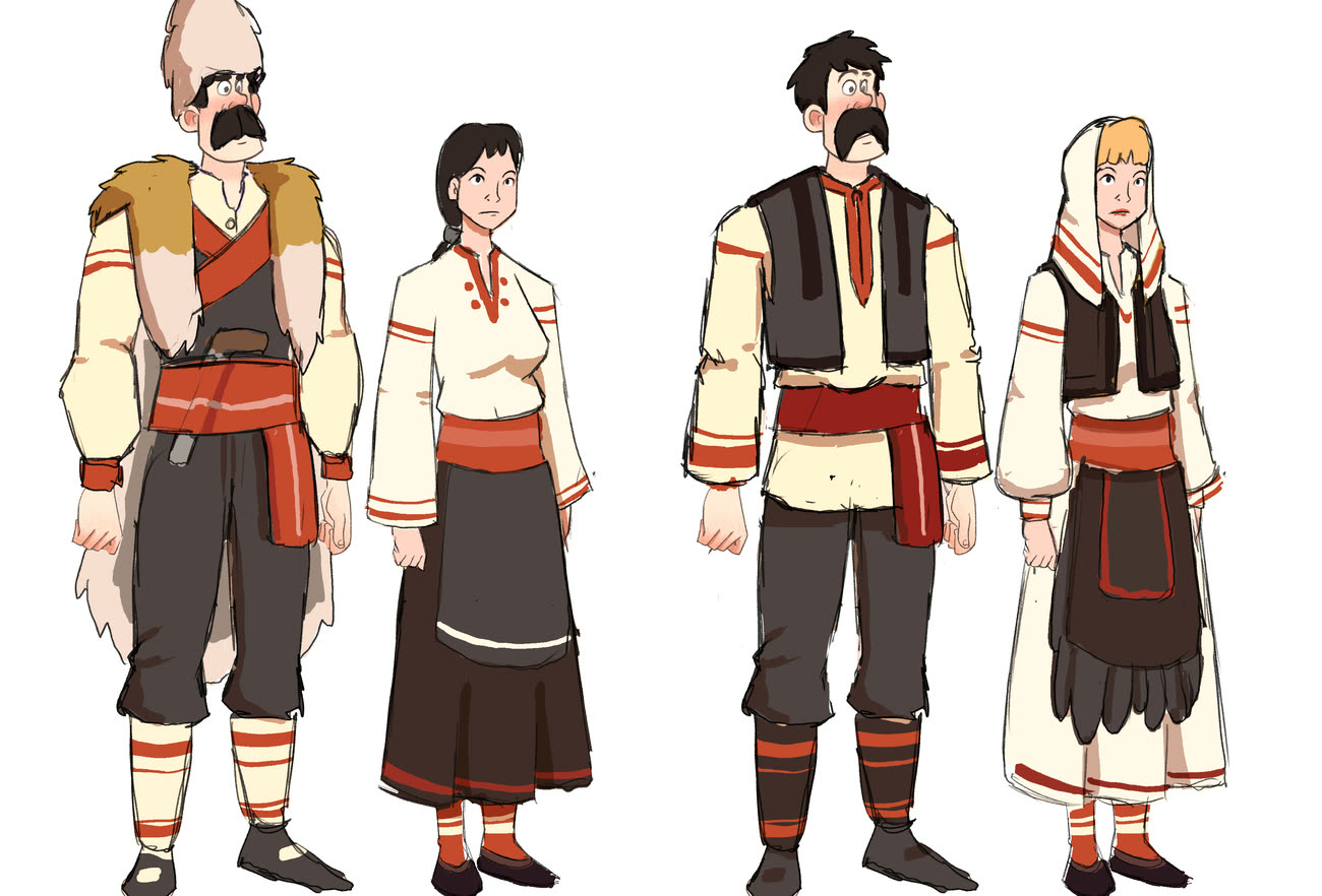 Bosoni: two costume options, a man and a woman in each