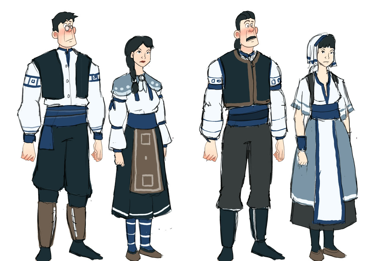 Bosuni: two costume options, a man and a woman in each