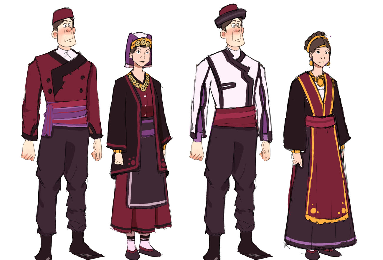 Mosabarkh: two costume options, a man and a woman in each