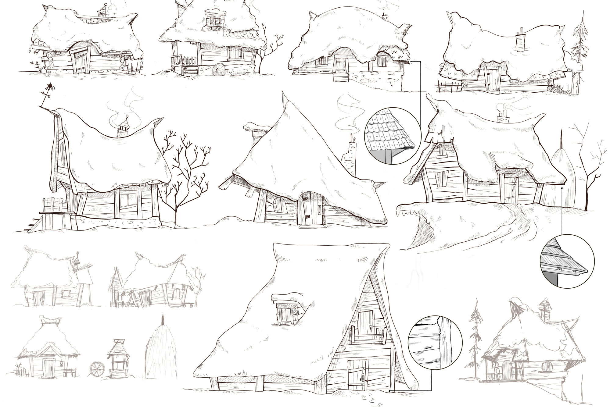 A pencil sheet of village houses under snow, with close-ups of roof shingles and timber joints