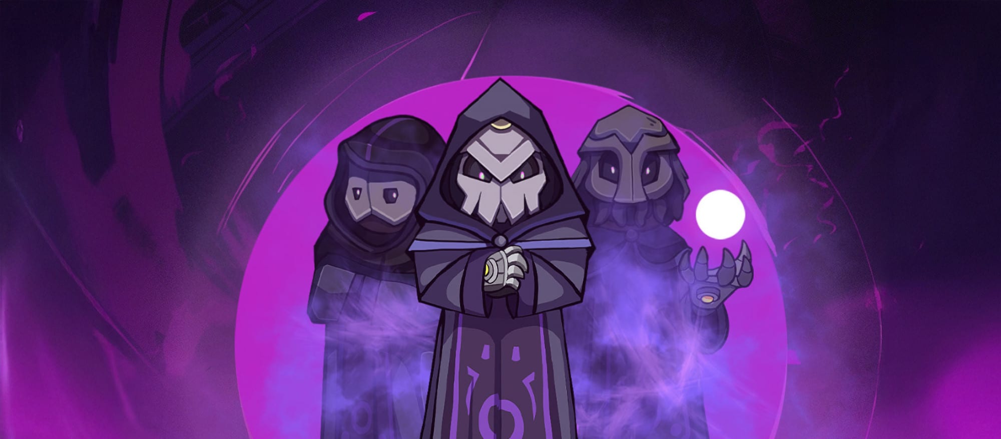 Splash screen: three hooded cultists in front of a violet moon
