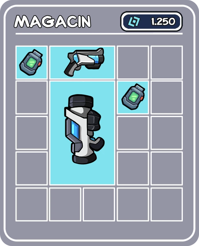 Storage open: a grid with a blaster, two gadgets and a large weapon taking three cells; 1,250 credits