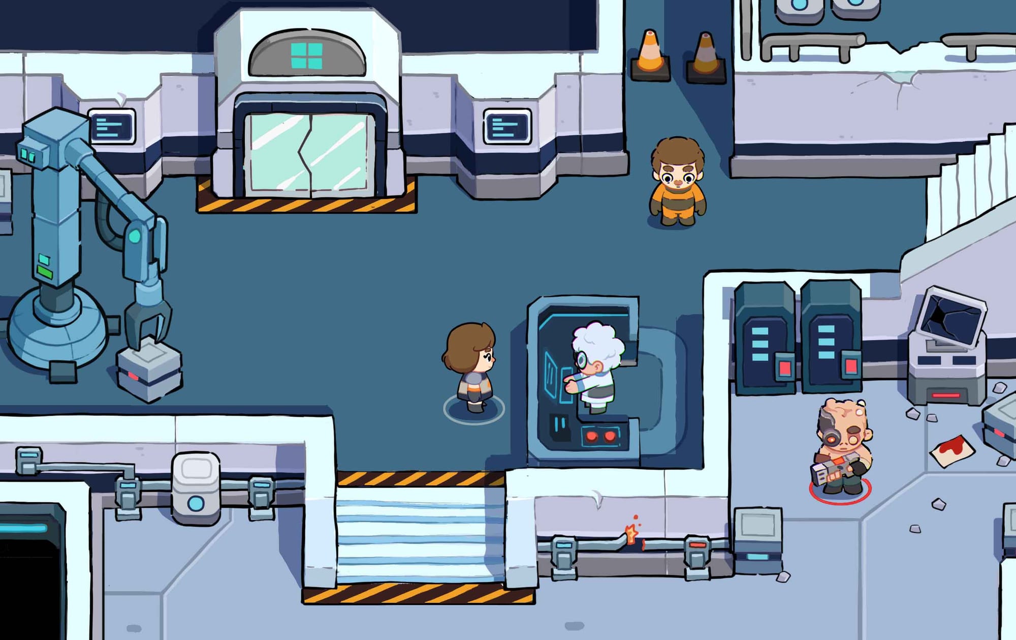 In-game screen: a station lab with the player, a scientist at a console and a raider
