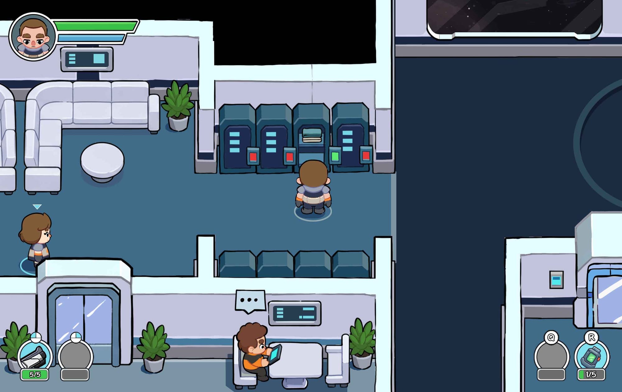 In-game screen: crew quarters with a lounge, lockers and the player standing in front of them